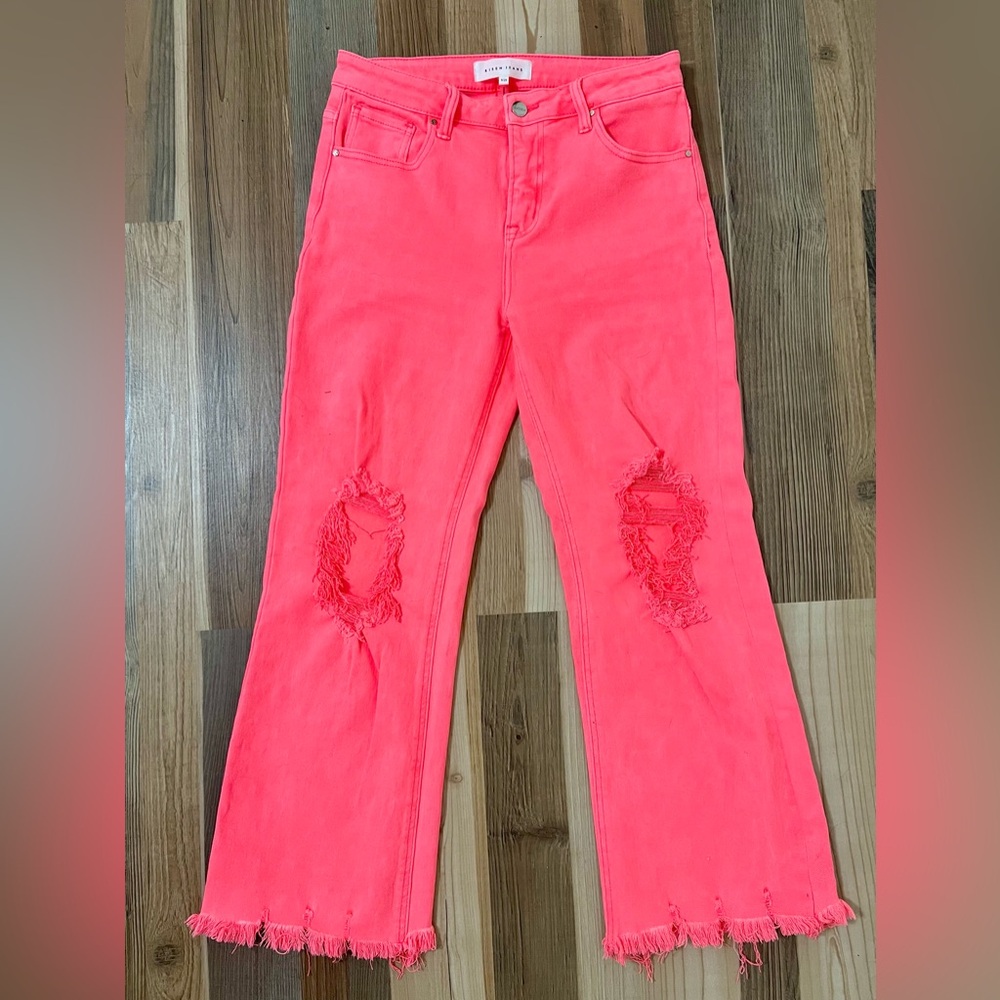 Risen Jeans- Neon Coral Distressed Knee High Rise Straight Leg, size 9/29, NWOT
